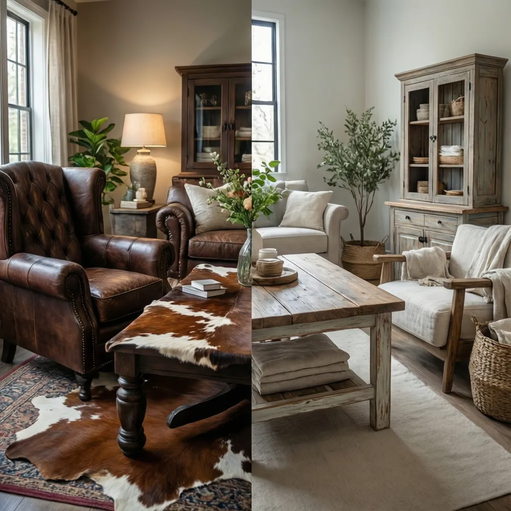 Interior design materials comparison showing leather wood vs painted farmhouse furniture