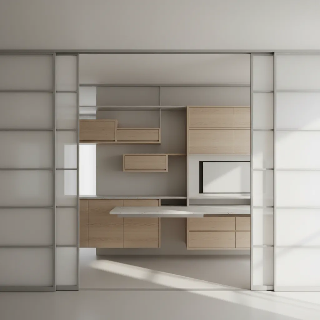 Modern interior design drawing of a wood storage cabinet and desk behind sliding glass room doors