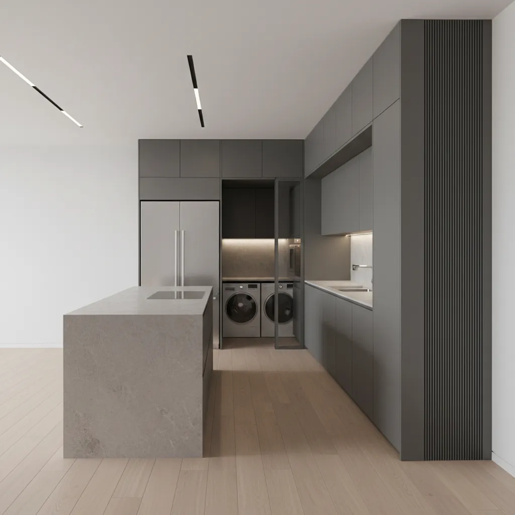 Modern grey kitchen design with stone island plus washing machines and built-in dark grey cabinets