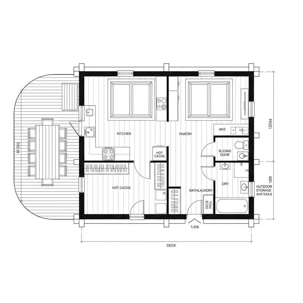 Top-down CAD plan of clustered wet core with pantry, laundry, and wraparound deck