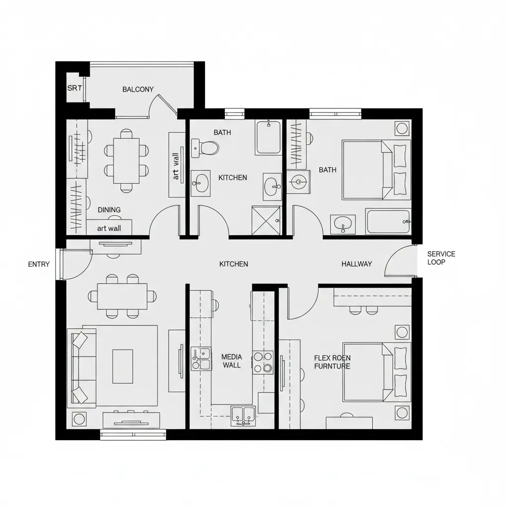Detailed apartment room layout showing two separate dining areas kitchen media wall and two large bedrooms