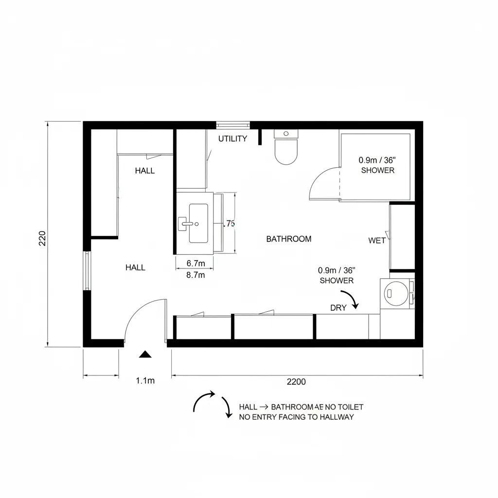 Top-down CAD plan of a consolidated bathroom and utility service core