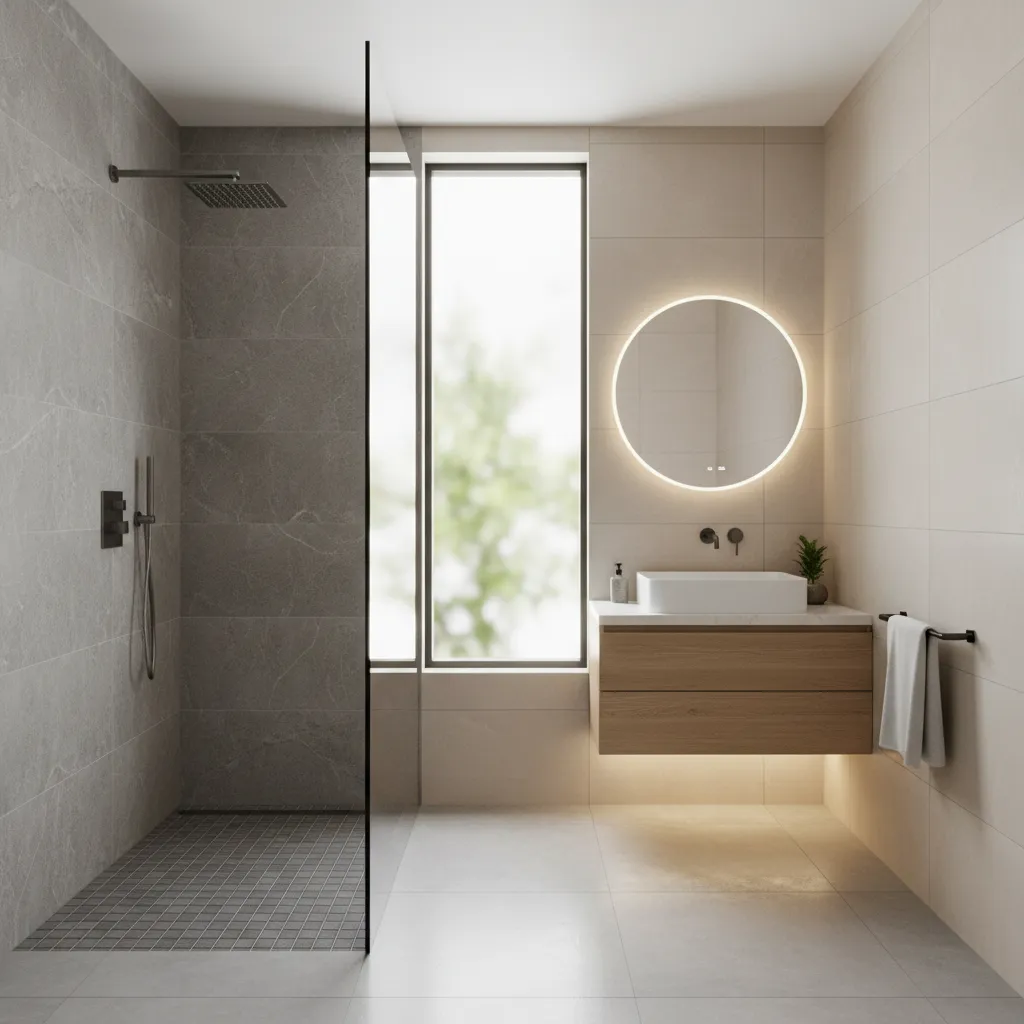 Indian bathroom with glass partition separating wet and dry areas