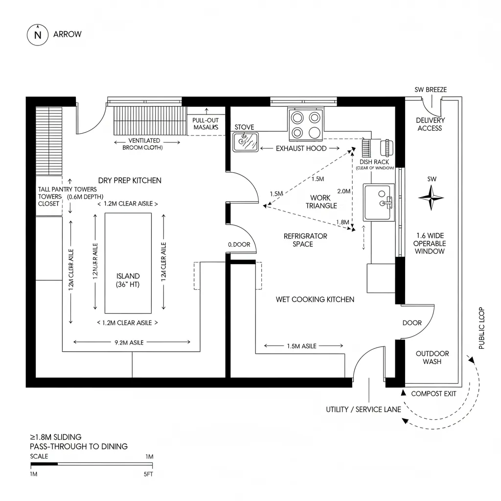 Interior design drawing showing a dry prep kitchen with island and wet cooking kitchen layout