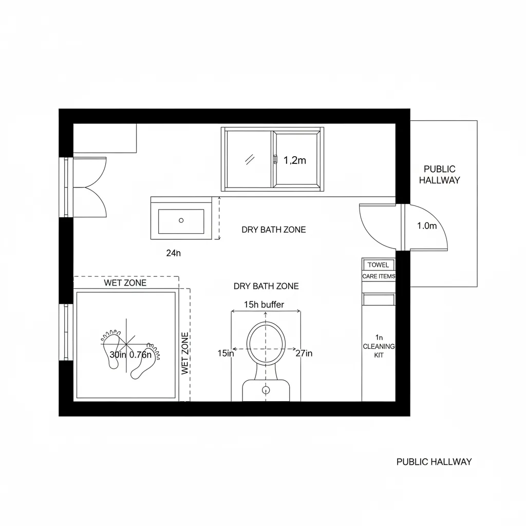 Top-down 2D CAD plan of 7x4 bath with wet end shower and pocket sliding entry