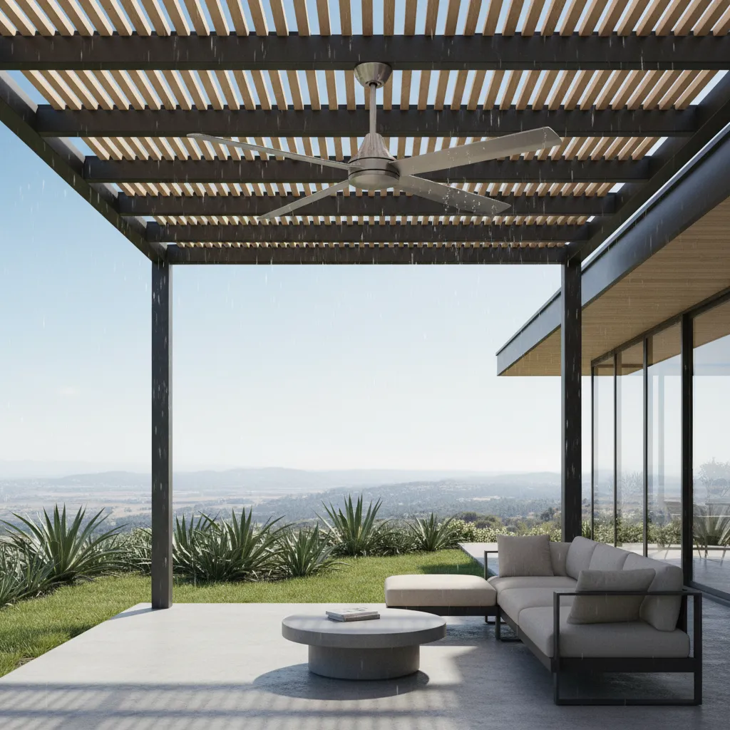 Wet rated outdoor ceiling fan installed on pergola exposed to rain