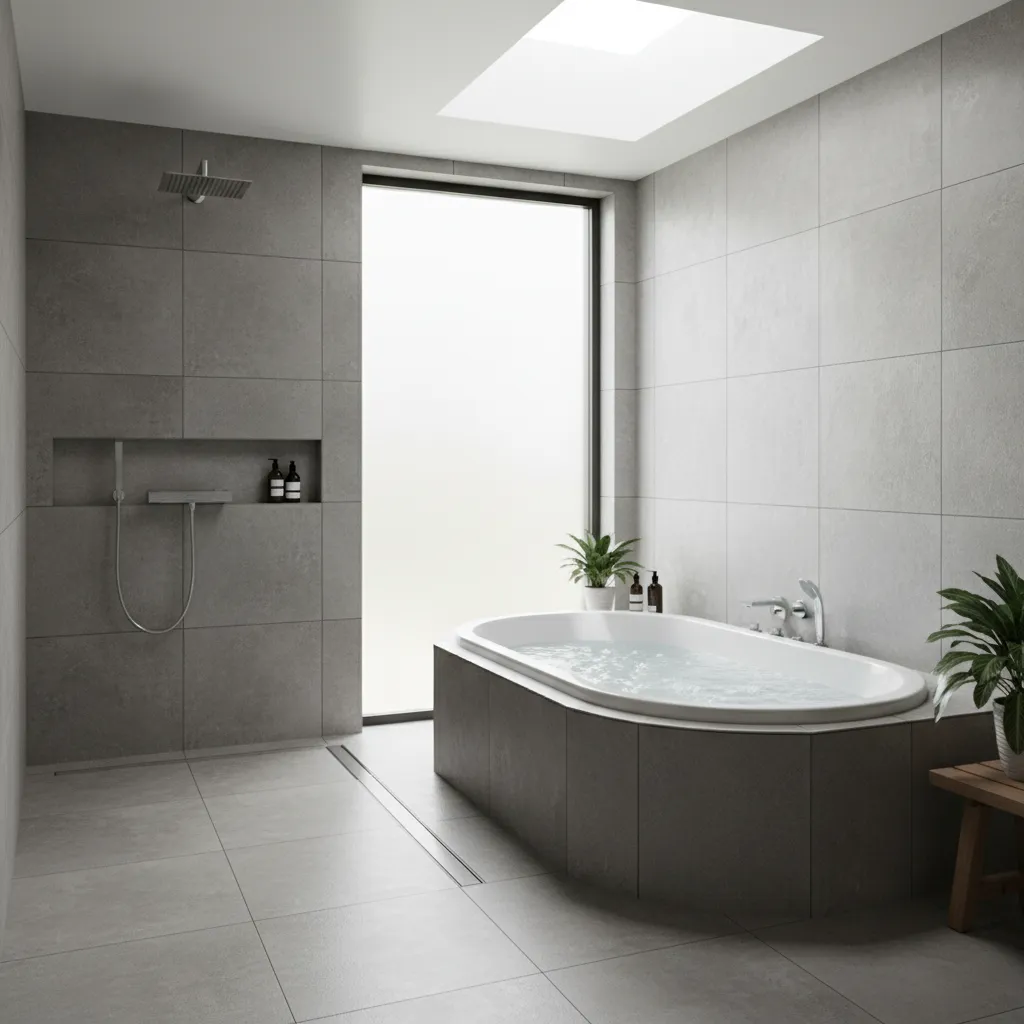 open wet room bathroom with jacuzzi tub and shower area