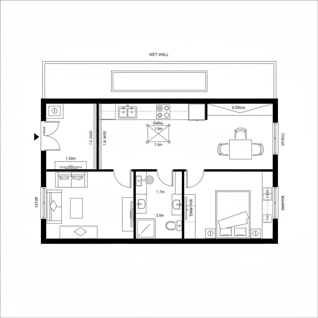 Top-down CAD plan with services along one edge and pocket-door flexibility
