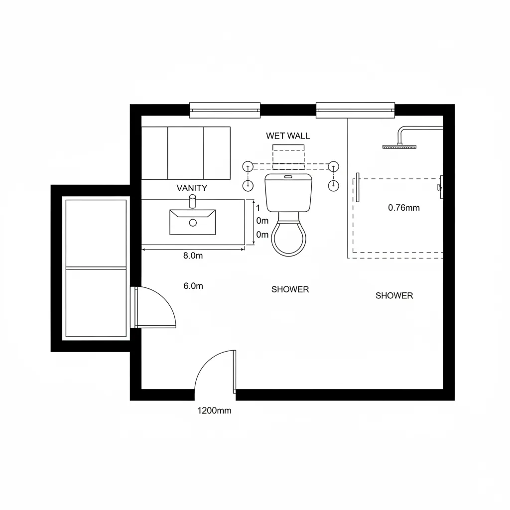 2D bathroom room layout drawing showing a sink cabinet toilet shower area and wet wall