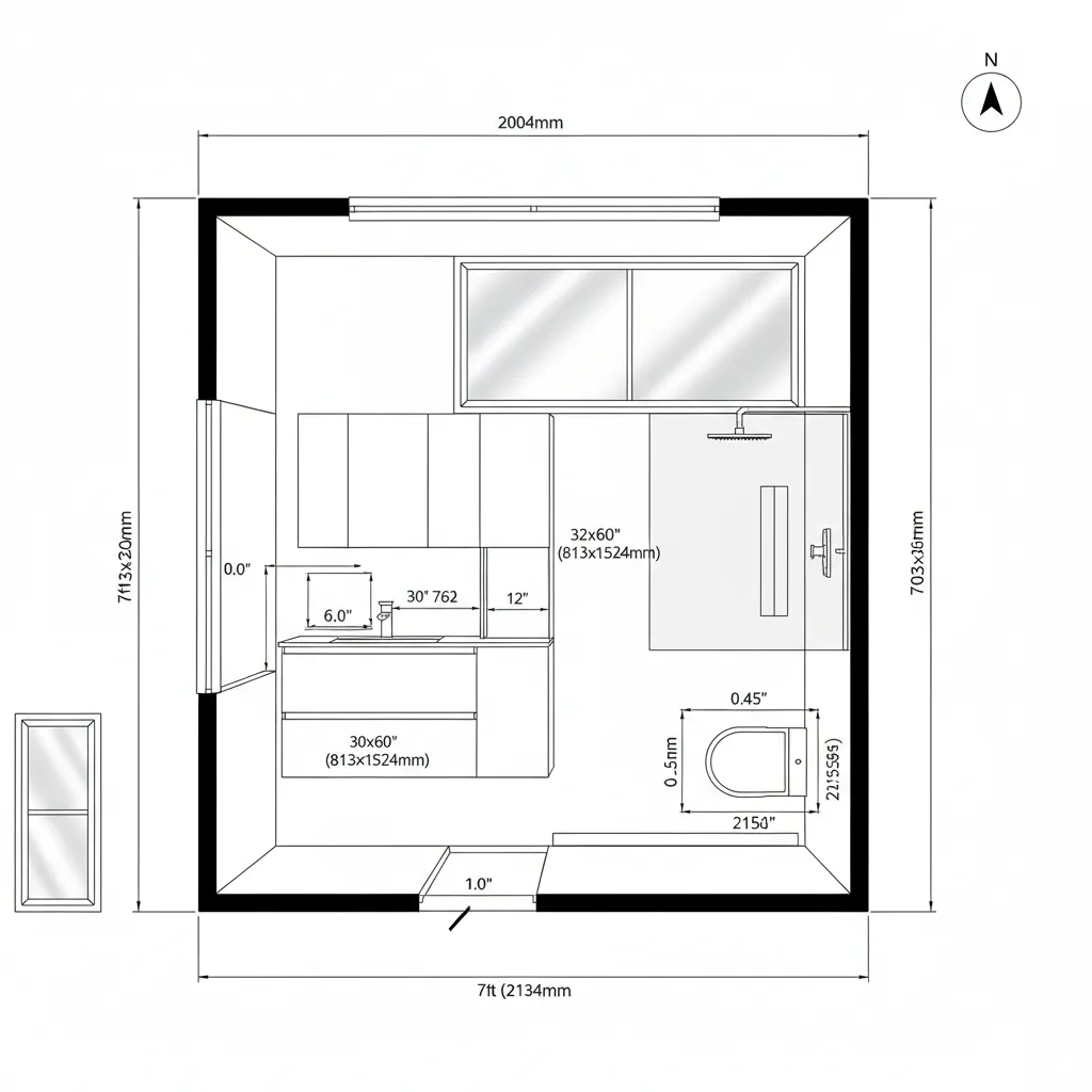 Interior design drawing of a bathroom with sink cabinet shower zone toilet window and measurements
