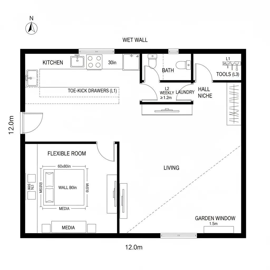 2D floor plan showing a kitchen living area flexible room and bathroom with labeled furniture