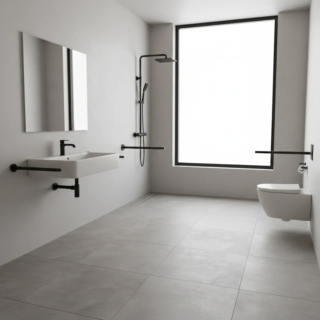 Wheelchair accessible bathroom with open floor space and barrier free shower