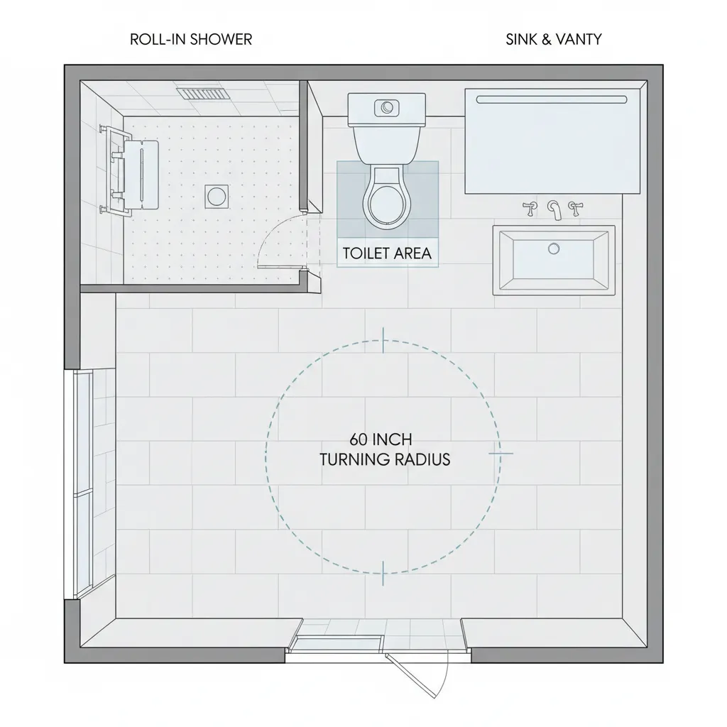 Wheelchair accessible bathroom layout with turning radius and shower placement