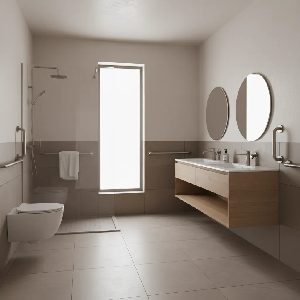 Spacious wheelchair accessible bathroom with open circulation space and curbless shower