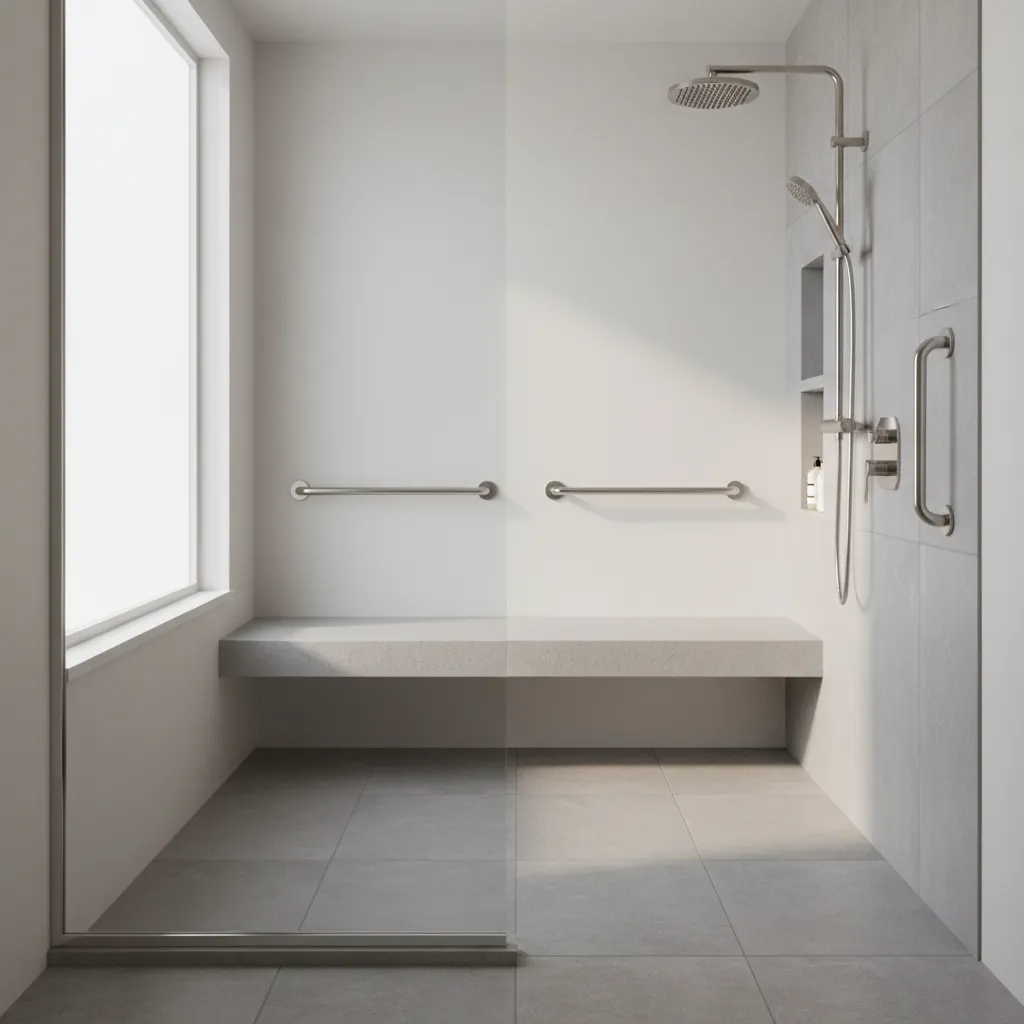 Walk in shower with grab bars seat and non slip floor for wheelchair accessibility