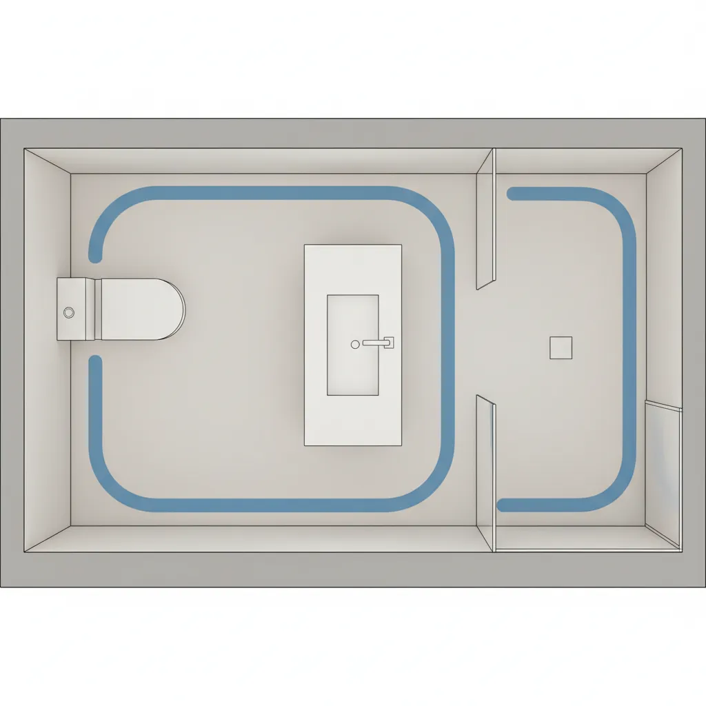 Bathroom floor plan showing wheelchair circulation path between fixtures
