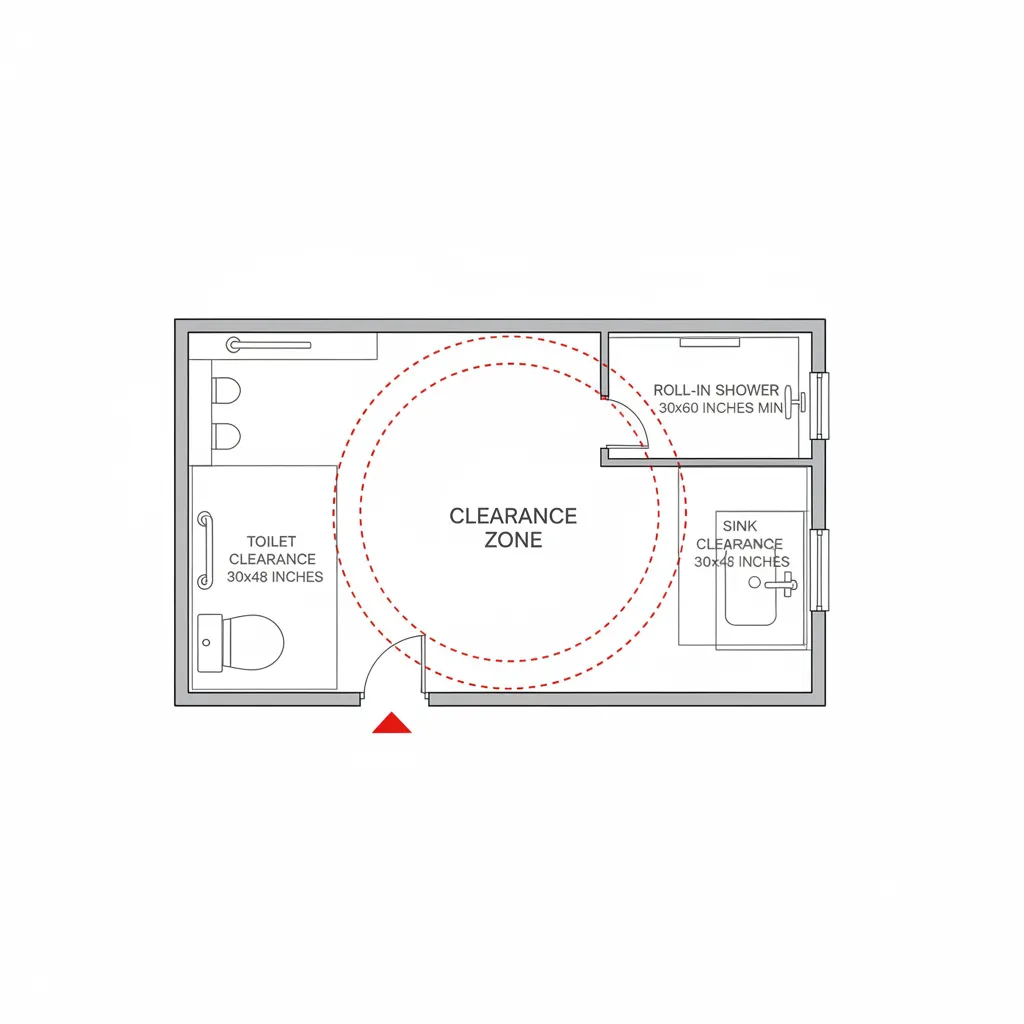 bathroom layout diagram showing wheelchair turning radius clearance