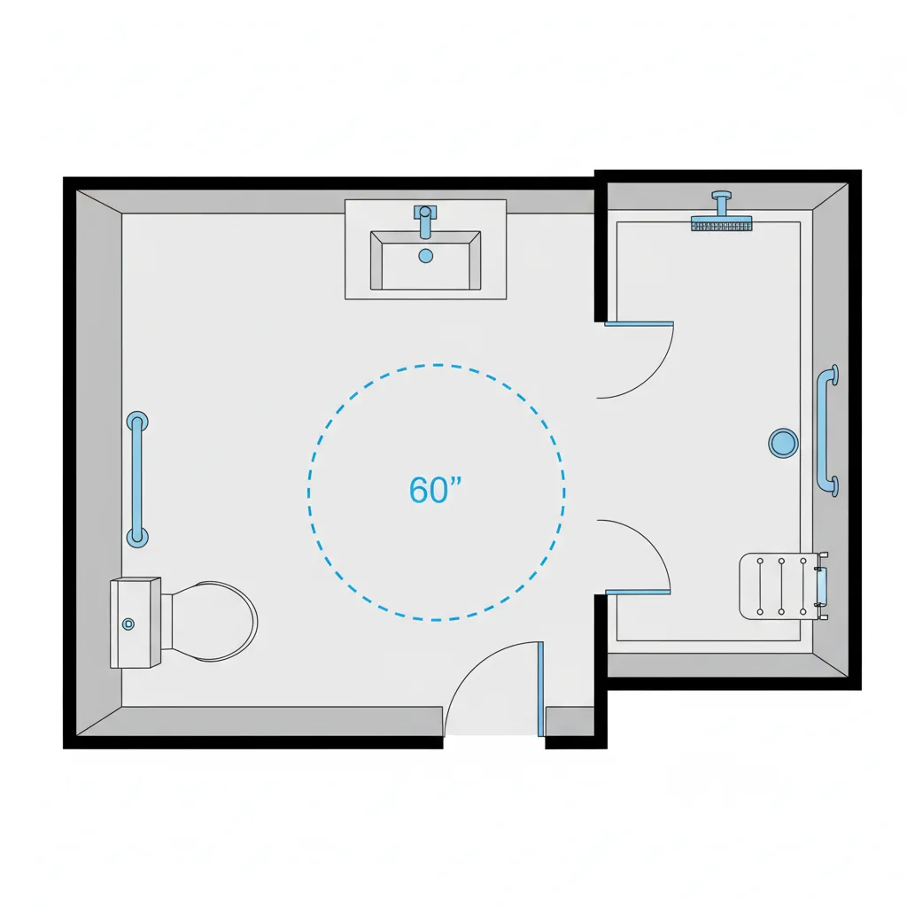 bathroom floor plan diagram showing 60 inch wheelchair turning radius