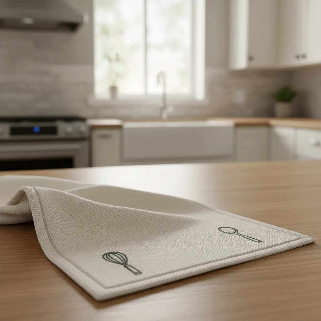 Kitchen towel with minimalist whisk and spoon embroidery icons