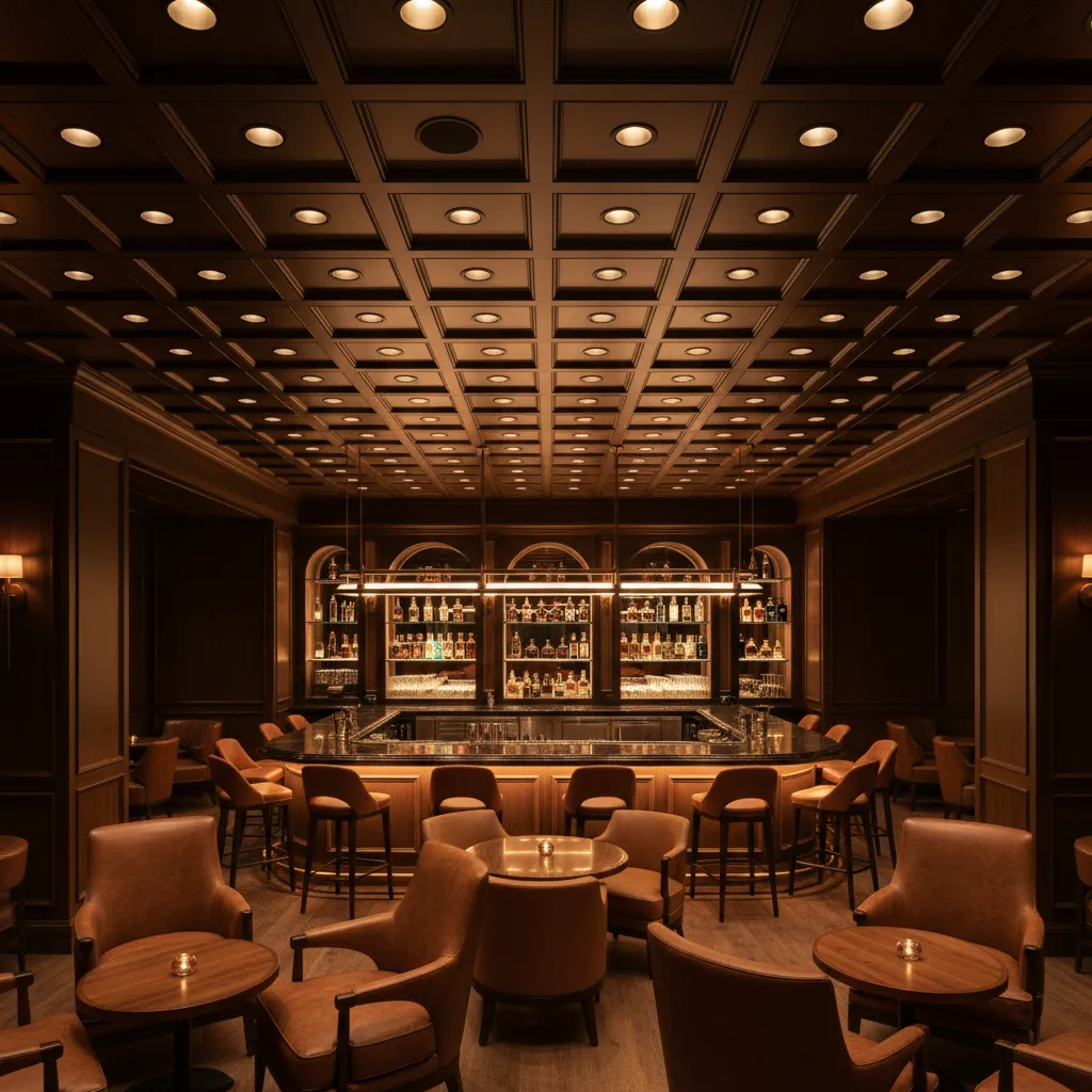 Ceiling recessed lighting layout in a whiskey lounge with evenly spaced fixtures