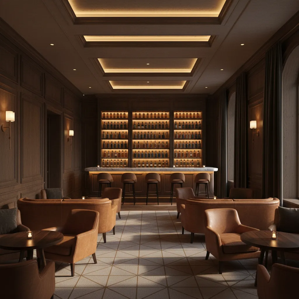 Dimly lit whiskey lounge interior with warm layered lighting