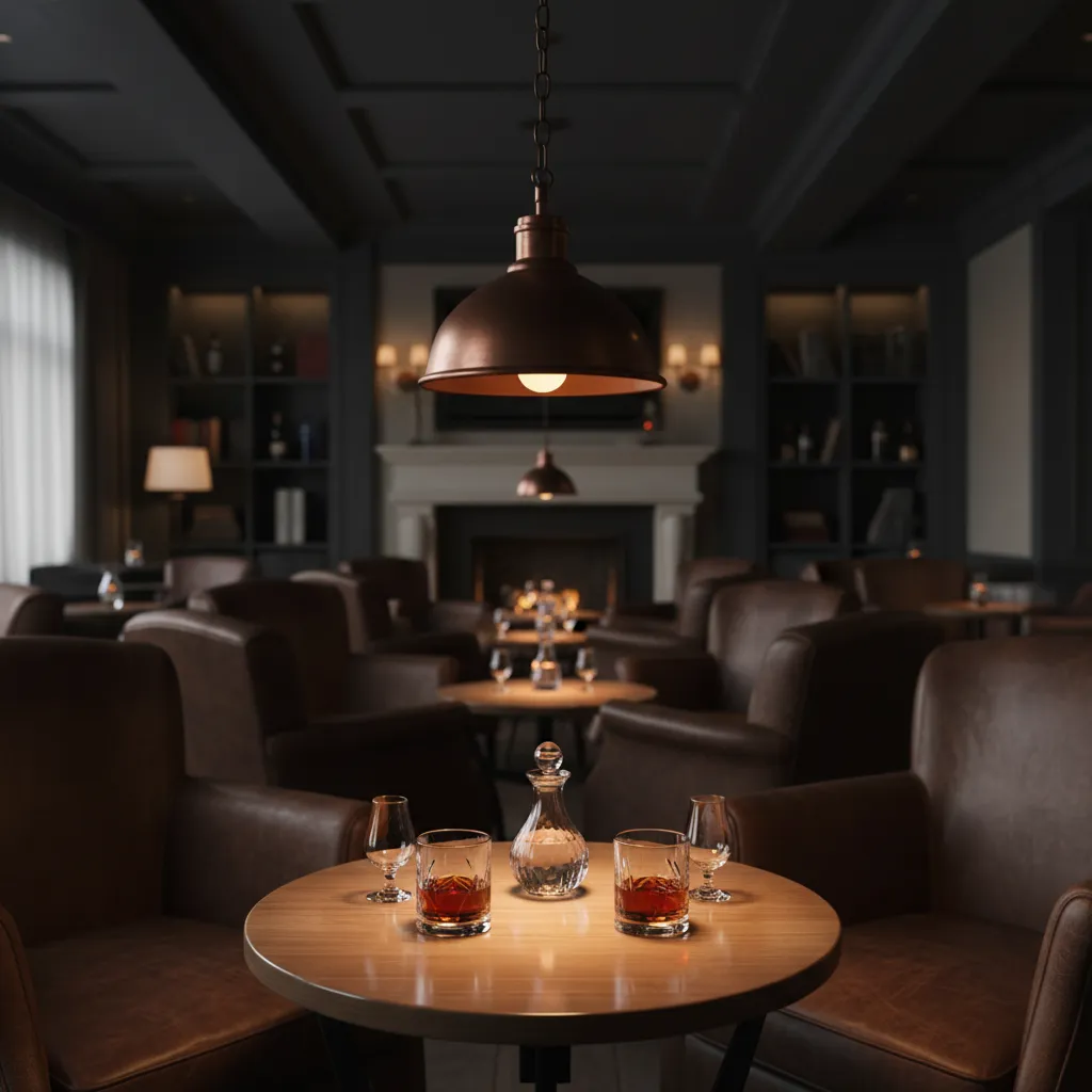 Intimate whiskey tasting table with warm pendant lighting
