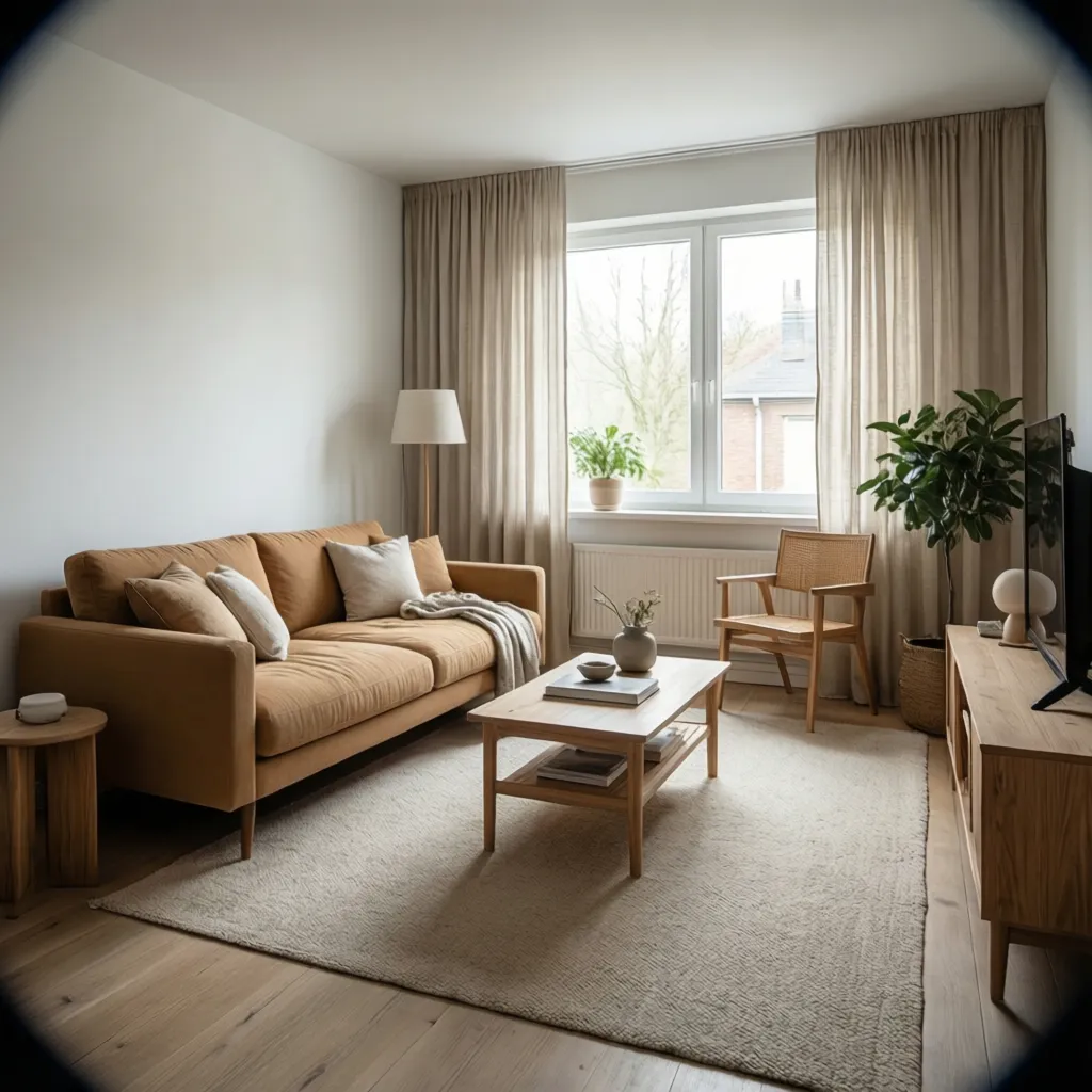 white and tan living room with minimal decor