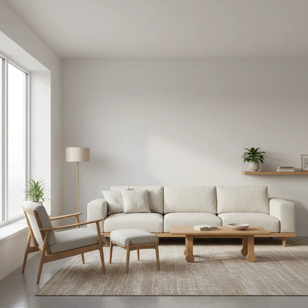 white walls with warm wood furniture living room interior