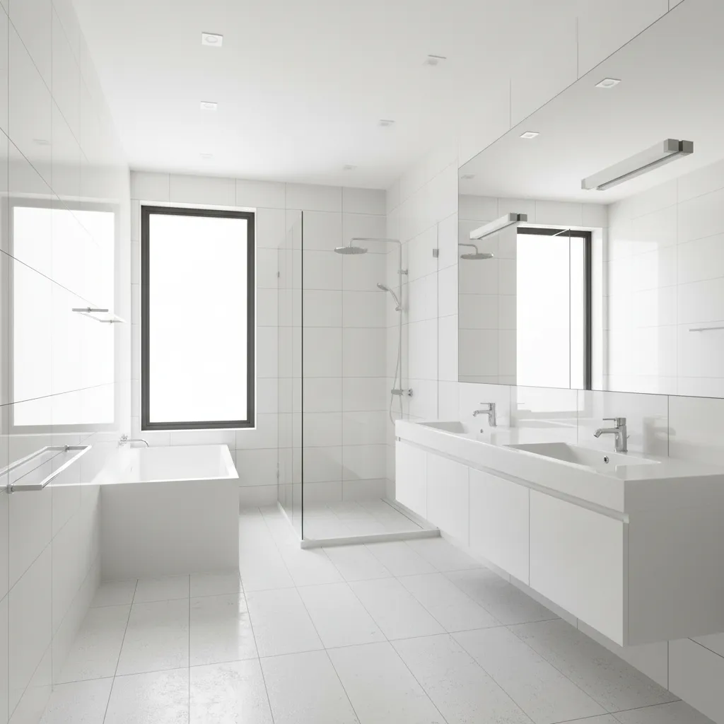 Bright white bathroom with glossy tiles and chrome fixtures