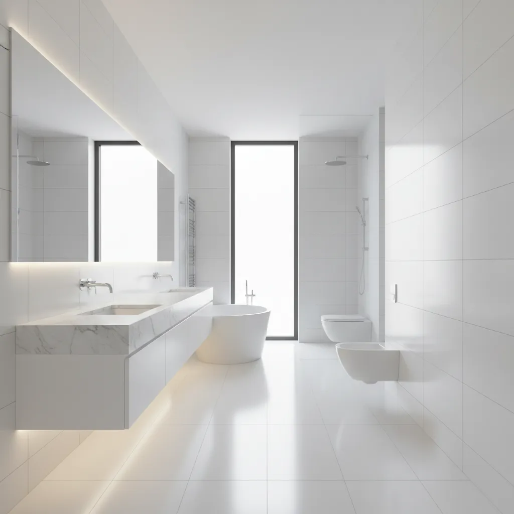 Bright white modern bathroom with chrome fixtures and reflective surfaces