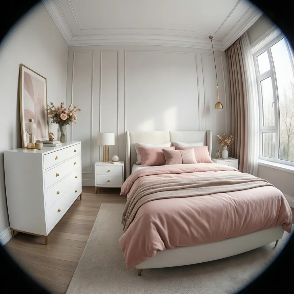 White bedroom furniture including dresser and nightstands forming a neutral base