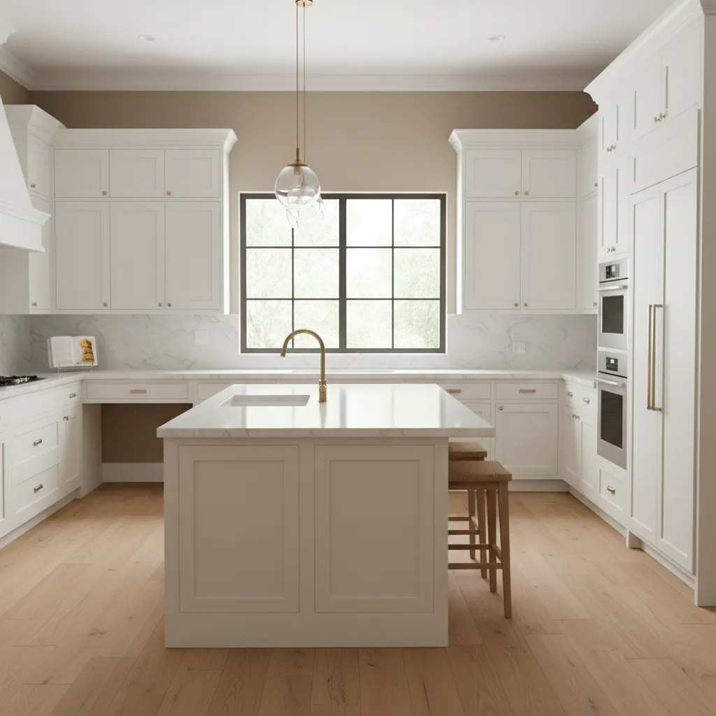 bright kitchen with white cabinets and warm greige walls