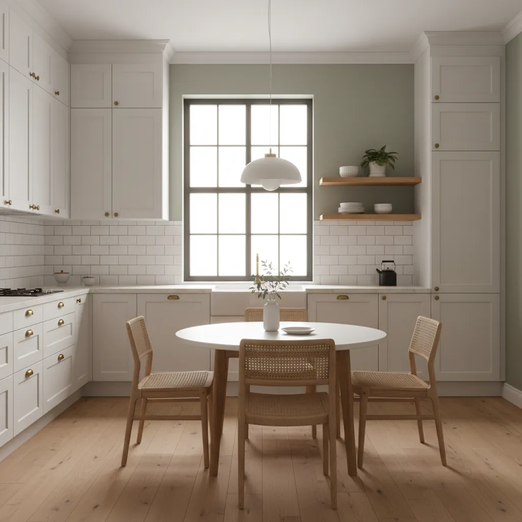 white kitchen cabinets with sage green wall color
