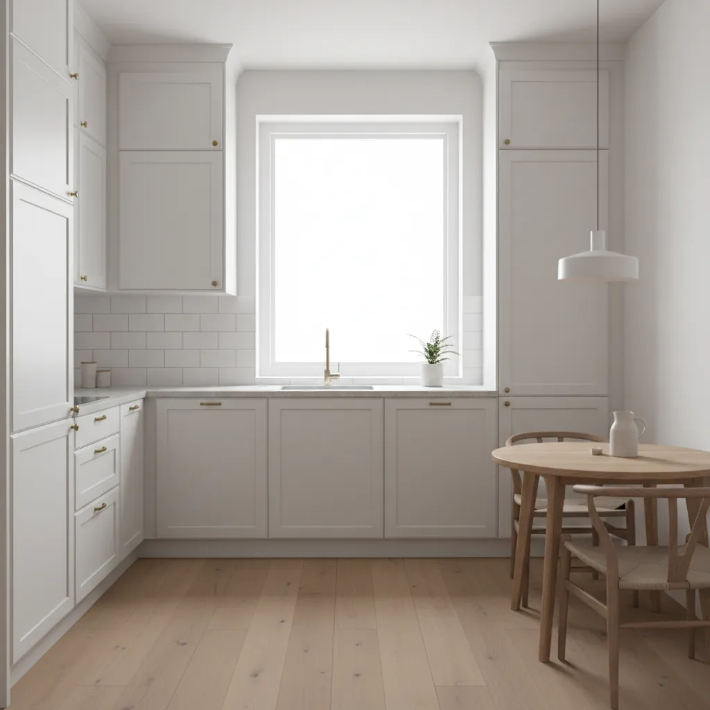 Small kitchen interior with white cabinets and compact dining corner
