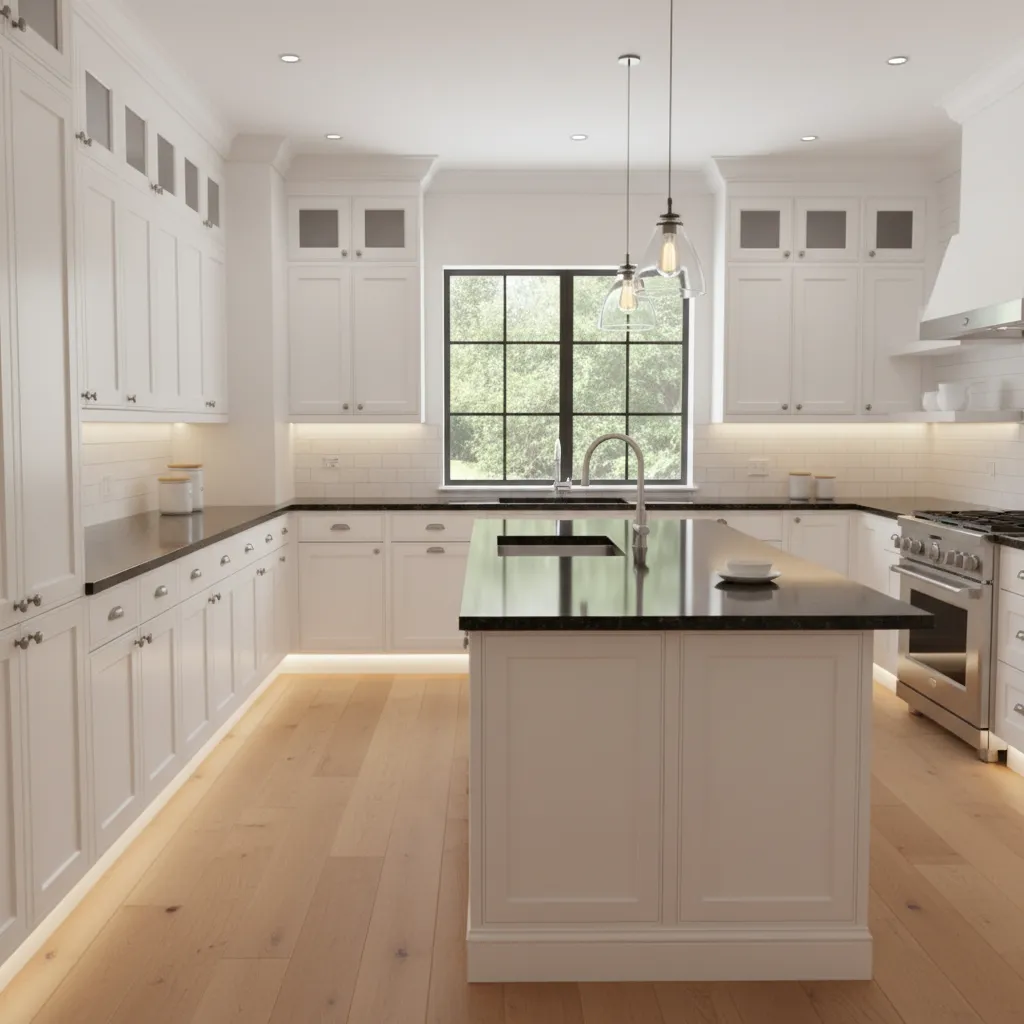 White kitchen cabinets paired with black granite countertop