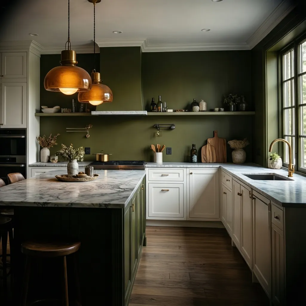 White kitchen cabinets with dark green walls creating bold contrast