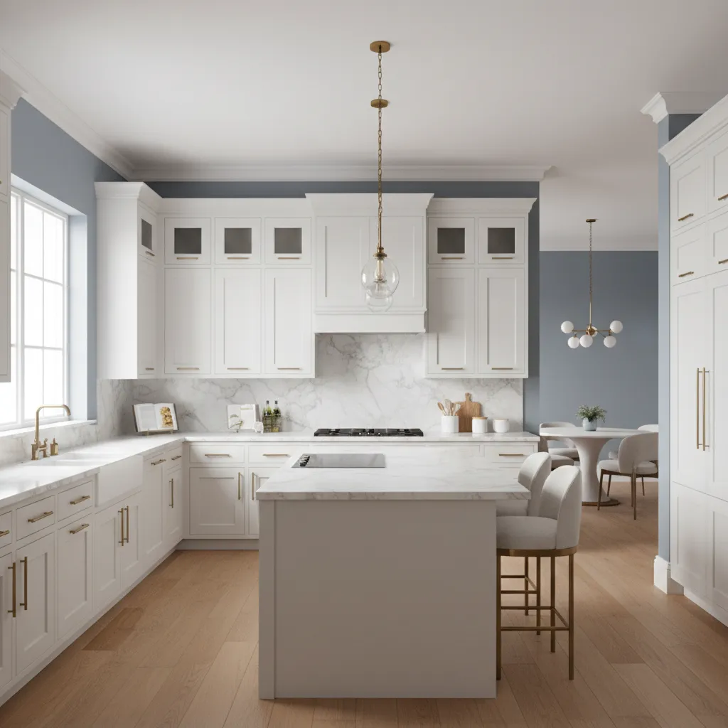 white kitchen cabinets with dusty blue walls