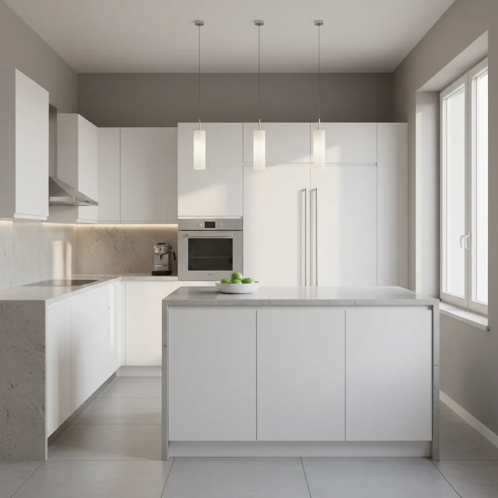 white kitchen cabinets with greige wall contrast