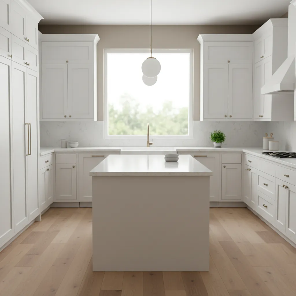 bright kitchen with white cabinets and warm neutral wall color