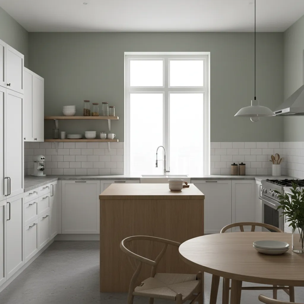 white cabinets with muted sage green walls kitchen design