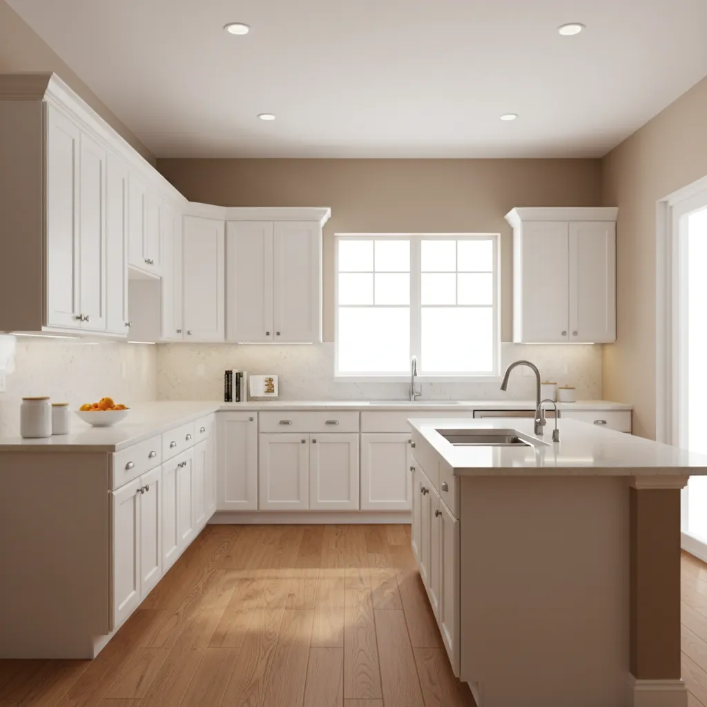 Modern kitchen with white cabinets and warm neutral walls