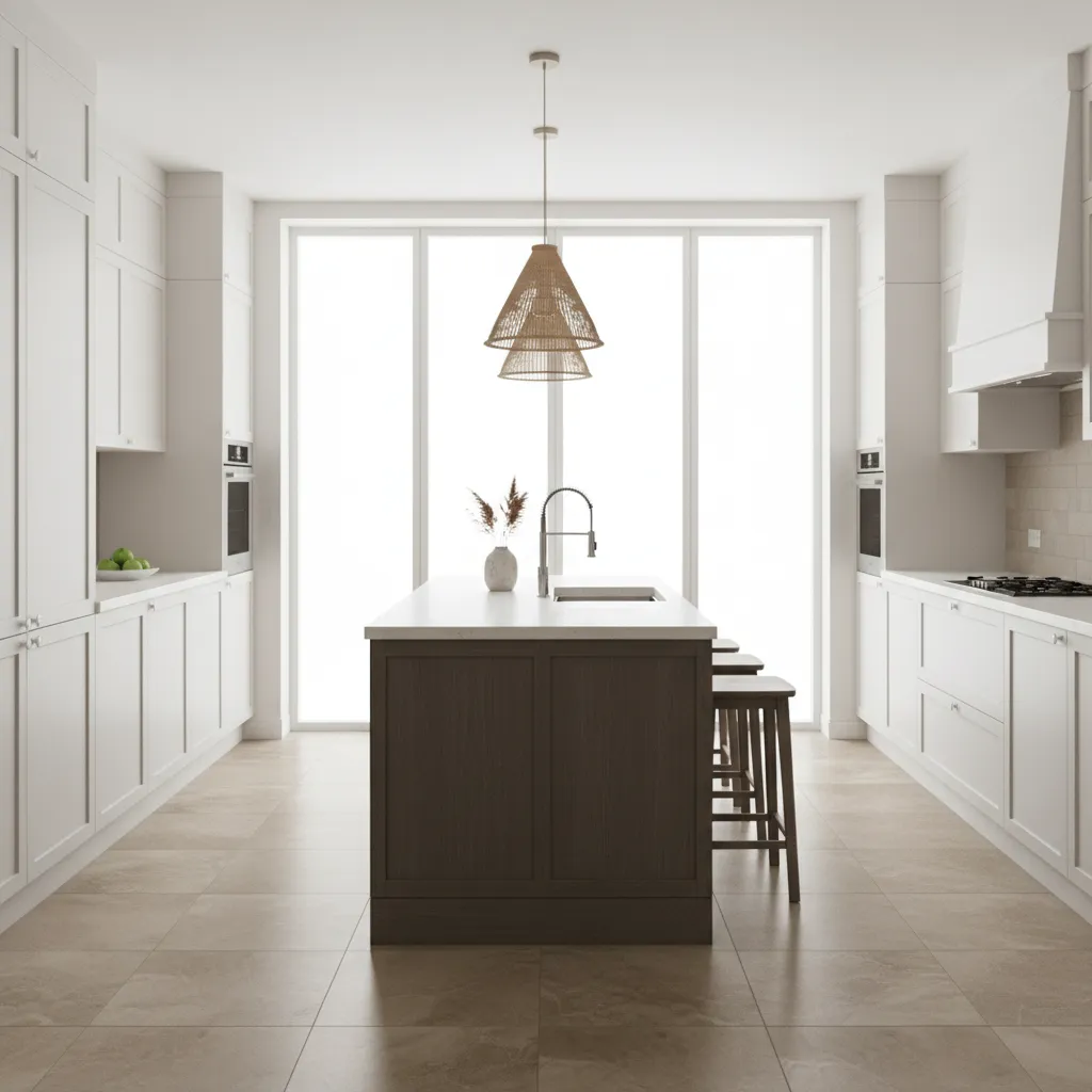 White kitchen cabinets with warm tone porcelain tile floor