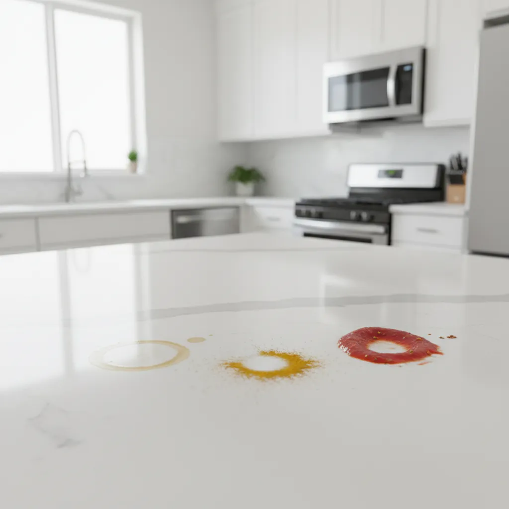 White marble kitchen countertop showing a coffee ring yellow spice powder and tomato sauce stains