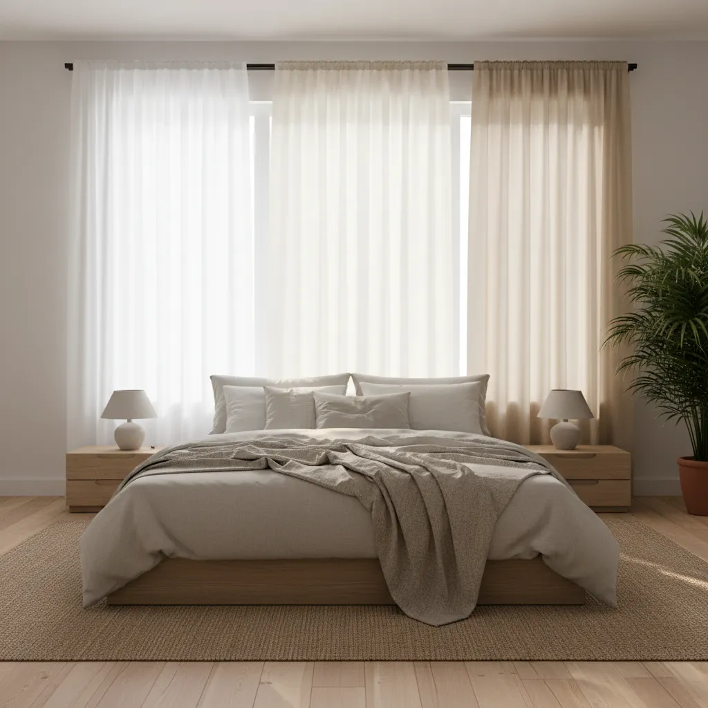 Bedroom showing daylight effects on white cream and beige curtains