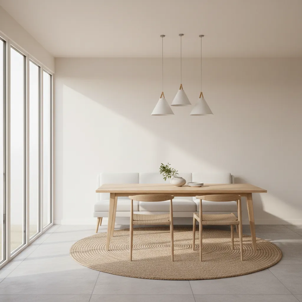 Bright dining room with a white dining bench and wooden table
