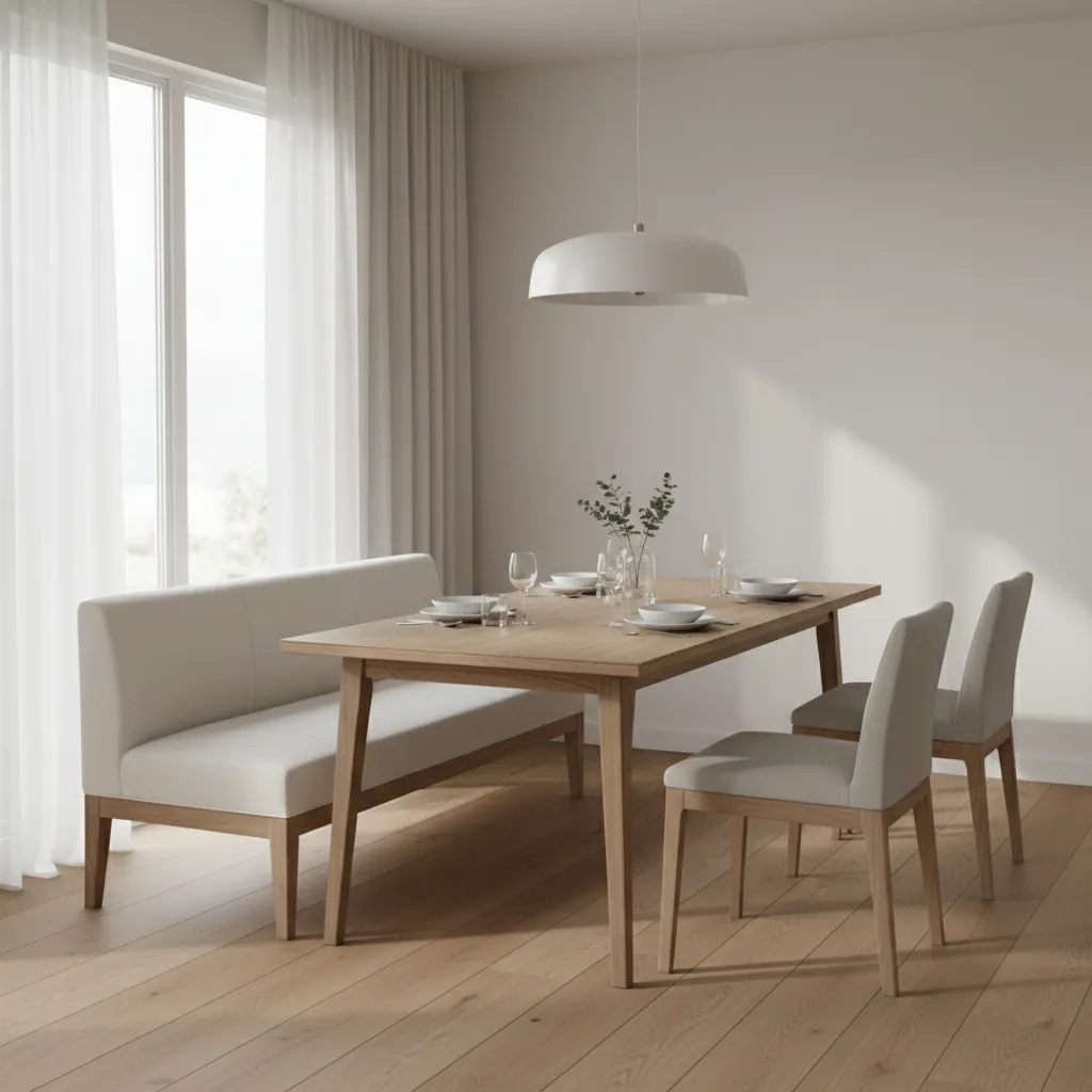 white dining bench placed beside dining table in bright minimalist dining room