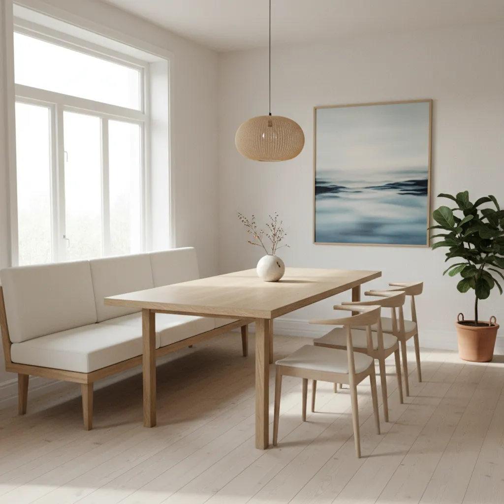 White dining bench placed along a wooden dining table in a bright dining room