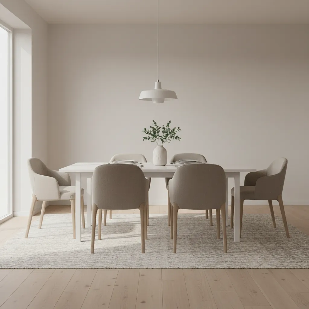 Minimal styling on a white dining table with simple centerpiece