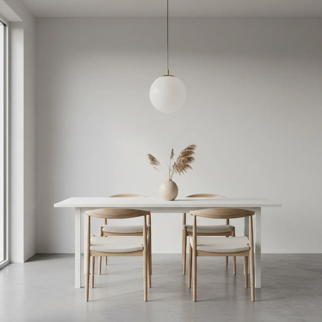 Minimalist decor styling on a white dining table with neutral centerpiece