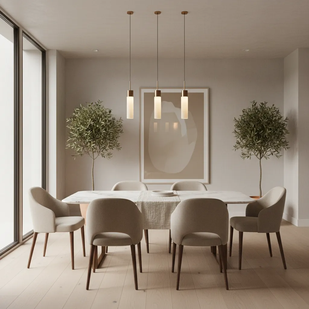 White dining table with linen runner and pendant lighting